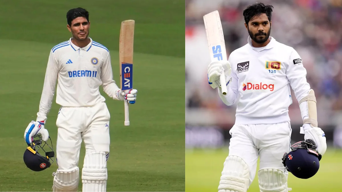 Indian and Sri Lankan Test cricketers holding their bats and helmets during the India vs Sri Lanka Test Series