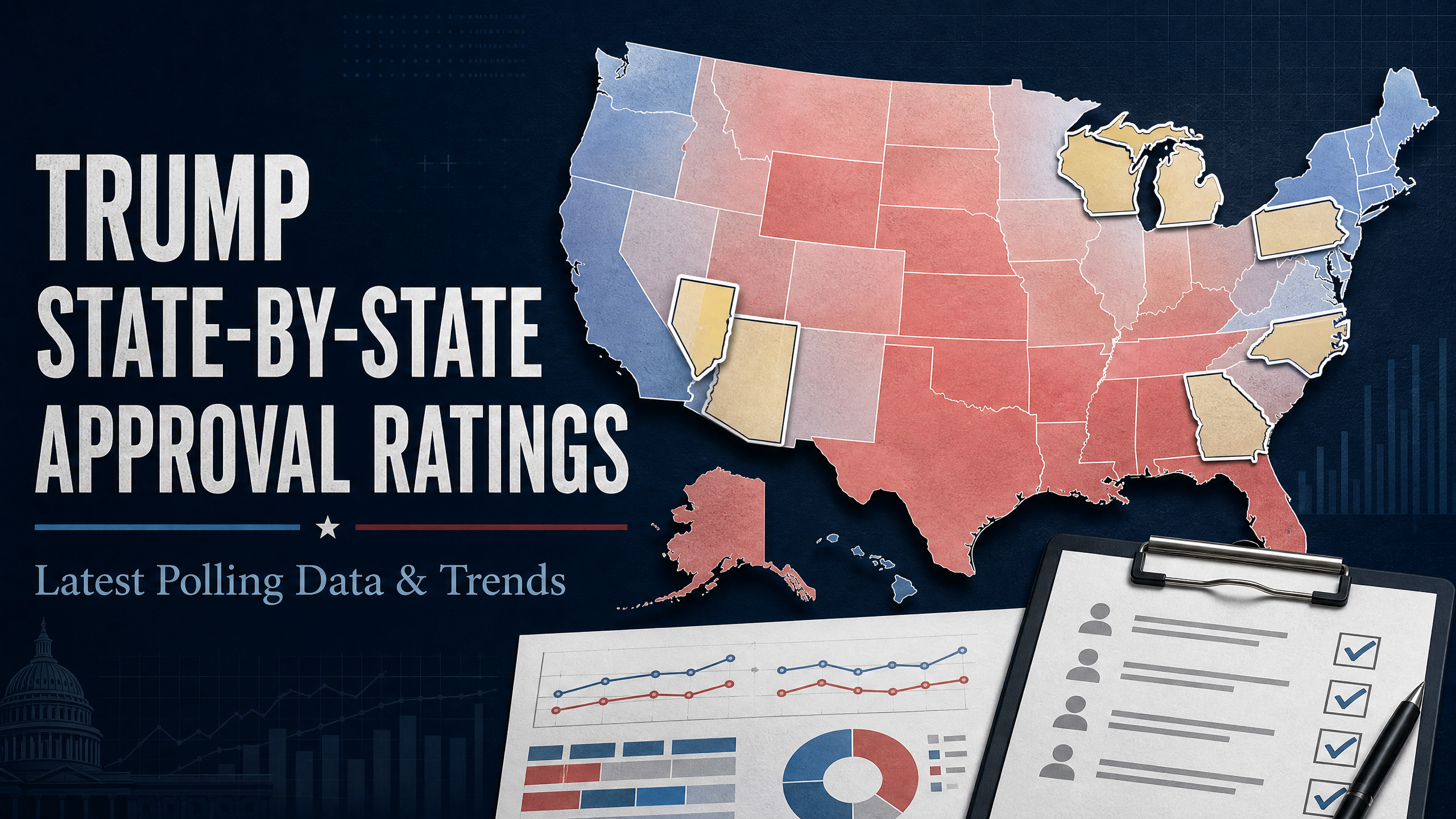 Trump state-by-state approval ratings map with polling data and highlighted U.S. states